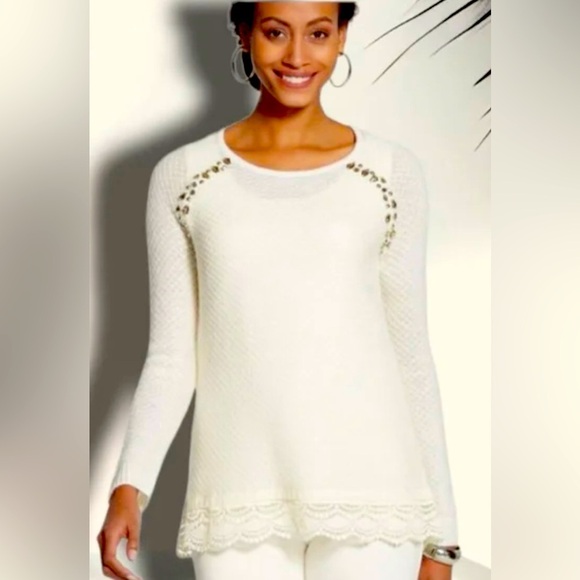 Chico's Sweater Beaded Crochet Hem Tunic Ivory XL - Picture 1 of 10